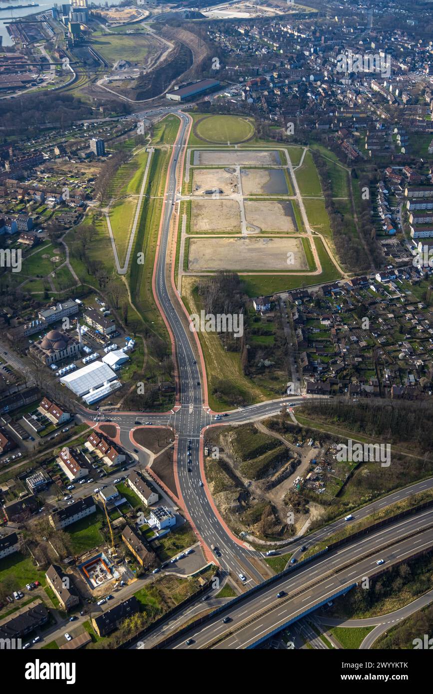 Aerial view, construction site and new development area 'Friedrich-Park' on Fritz-Schupp-Straße, residential area, Marxloh, Duisburg, Ruhr area, North Stock Photo