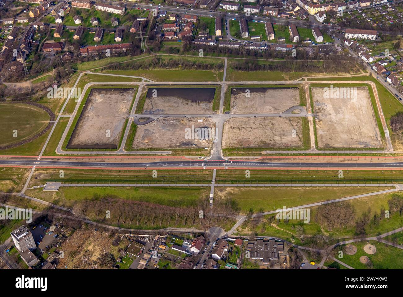 Aerial view, construction site and new development area 'Friedrich-Park' on Fritz-Schupp-Straße, residential area, Marxloh, Duisburg, Ruhr area, North Stock Photo