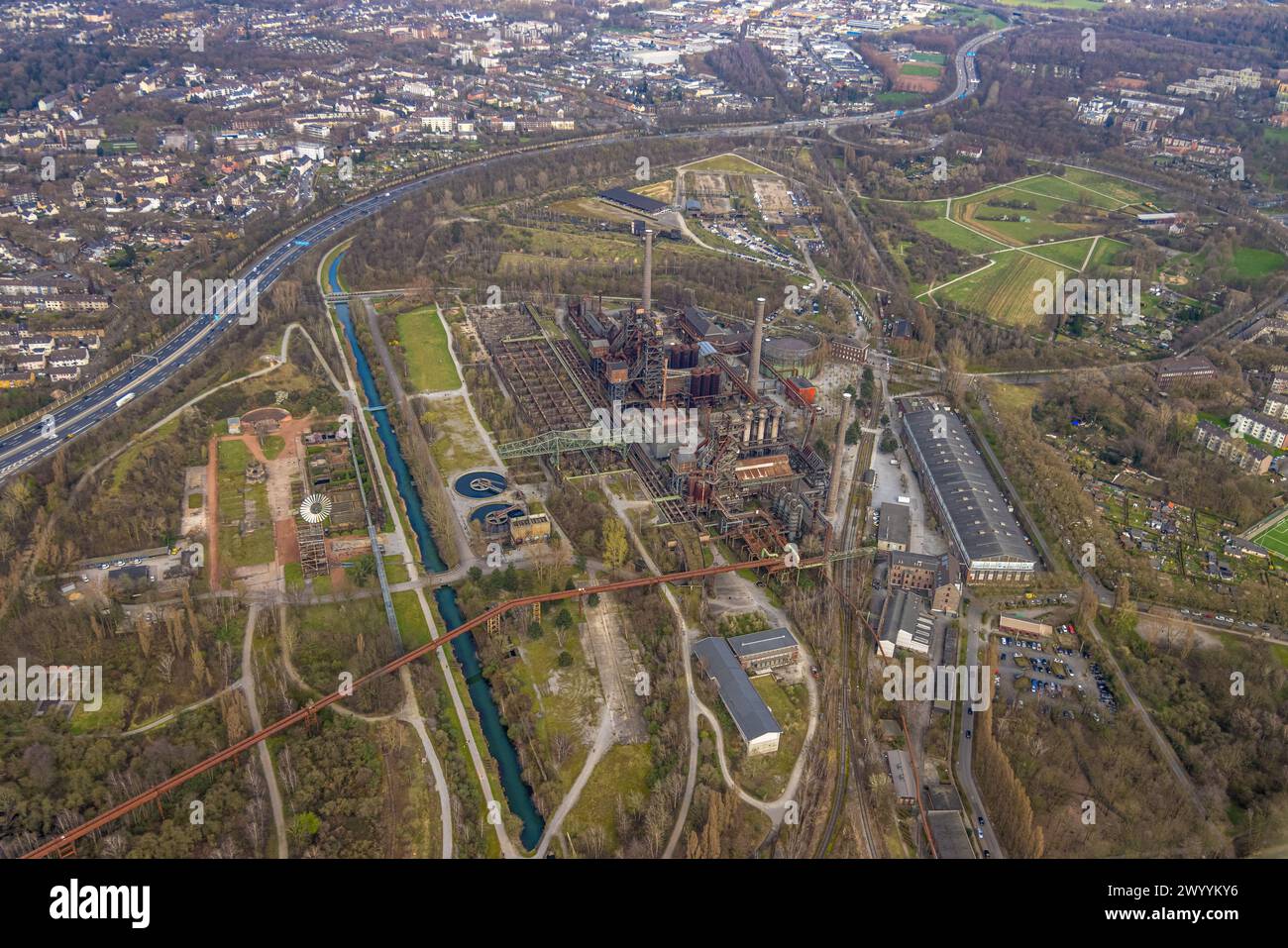 Aerial view, Landscape Park Duisburg-Nord, industrial plant and leisure park, BAB highway A42 and river Alte Emscher, Obermeiderich, Duisburg, Ruhr ar Stock Photo