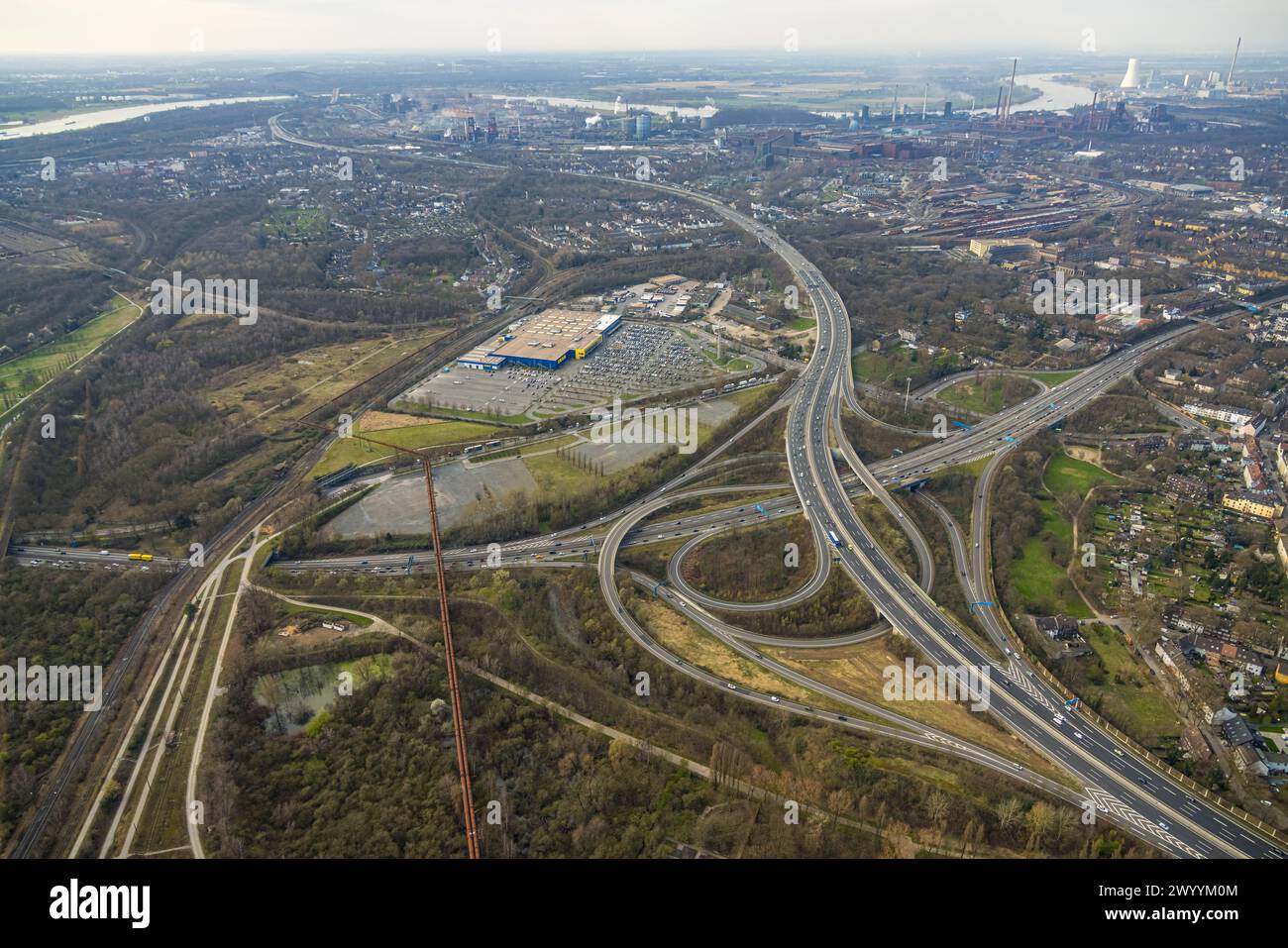 Aerial view, highway junction DuisburgNord with construction site