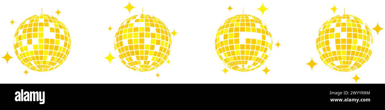 Set of gold discoball icons. Golden disco party mirrorballs in retro 70s 80s 90s retro discotheque style. Shining night club globes. Nightlife Stock Vector