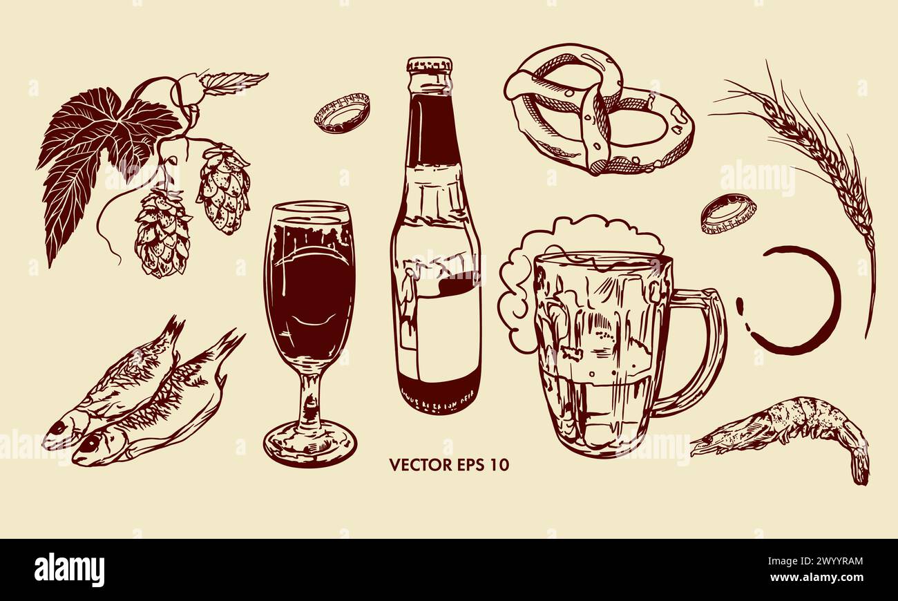 Beer, bottle, glass, hops, shrimp, fish, pretzel, wheat. Hand drawn ...