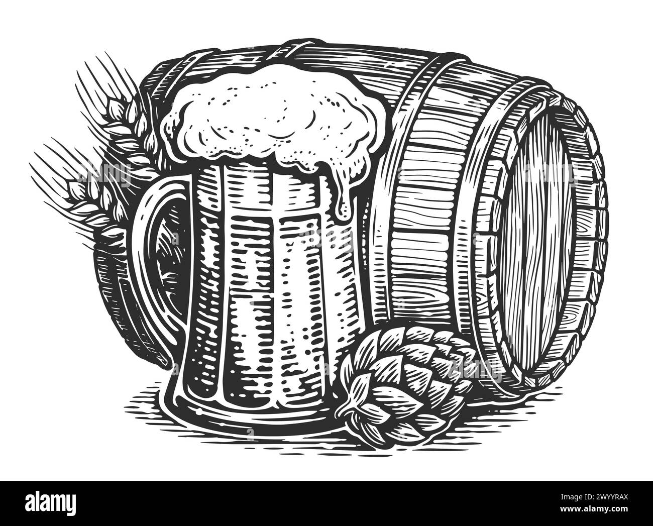 Beer in barrel and mug, sketch style. Hand drawn illustration for pub, brewery or restaurant menu Stock Vector