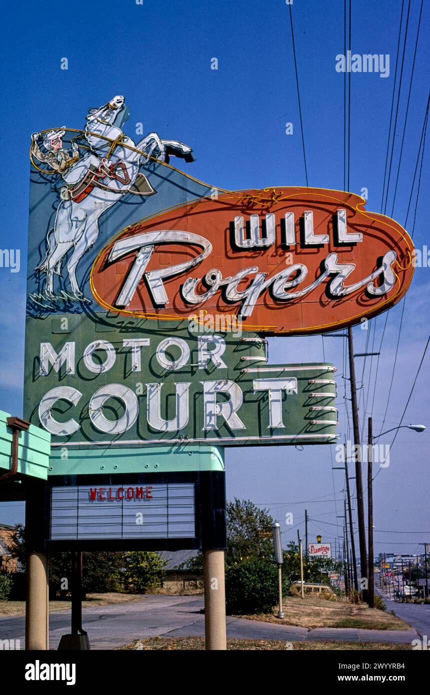 Will Rogers Motor Court sign, Route 66, Tulsa, Oklahoma, 1979 Stock Photo