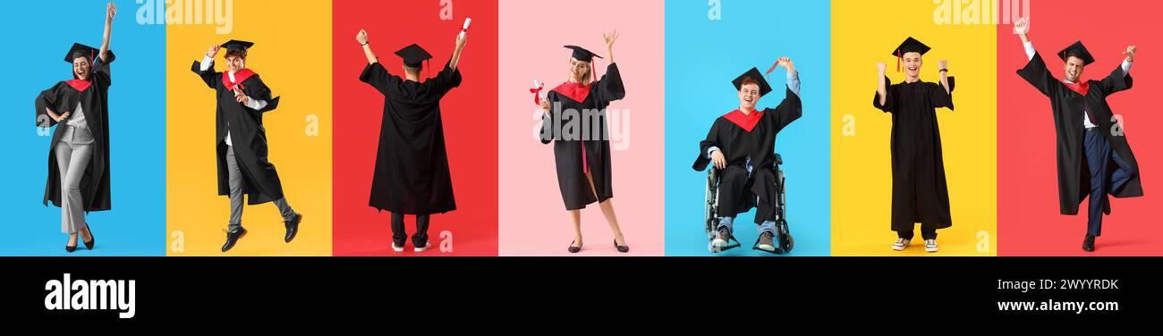 Group of happy graduating students on color background Stock Photo