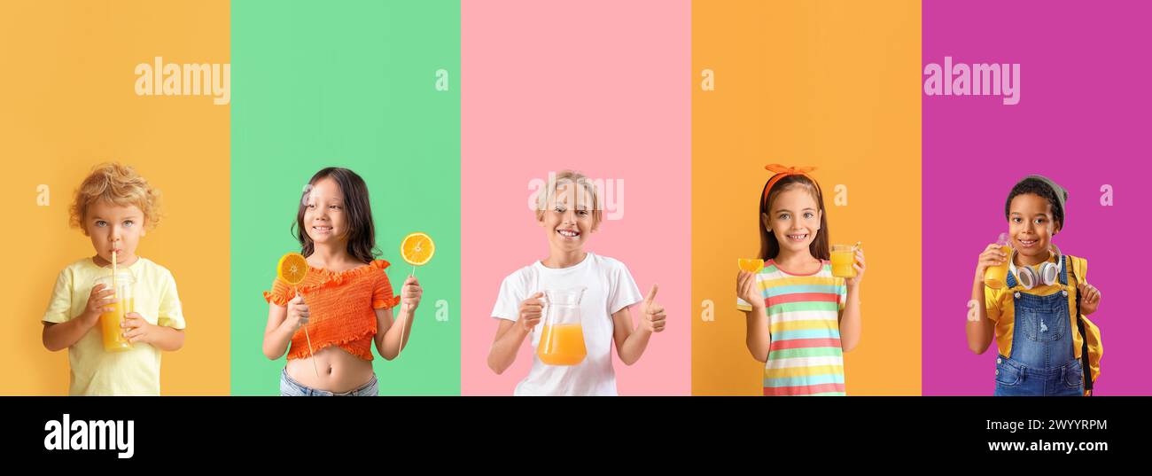 Group of little children with healthy citrus juices on color background Stock Photo