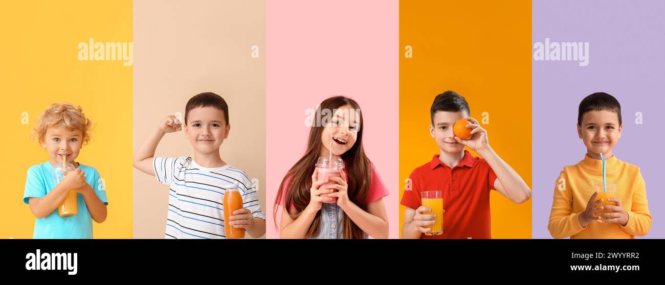 Collage of little children with healthy citrus juices on color background Stock Photo