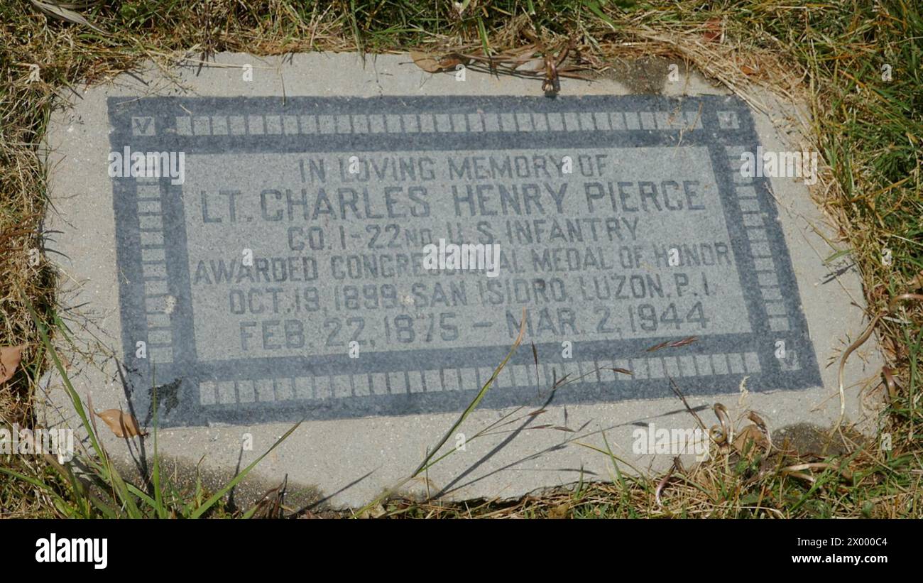 North Hollywood, California, USA 5th April 2024 Philippine Insurrection Medal of Honor Recipient Charles Henry Pierce Grave at Pierce Brothers Valhalla Memorial Park on April 5, 2024 in North Hollywood, California, USA. Photo by Barry King/Alamy Stock Photo Stock Photo