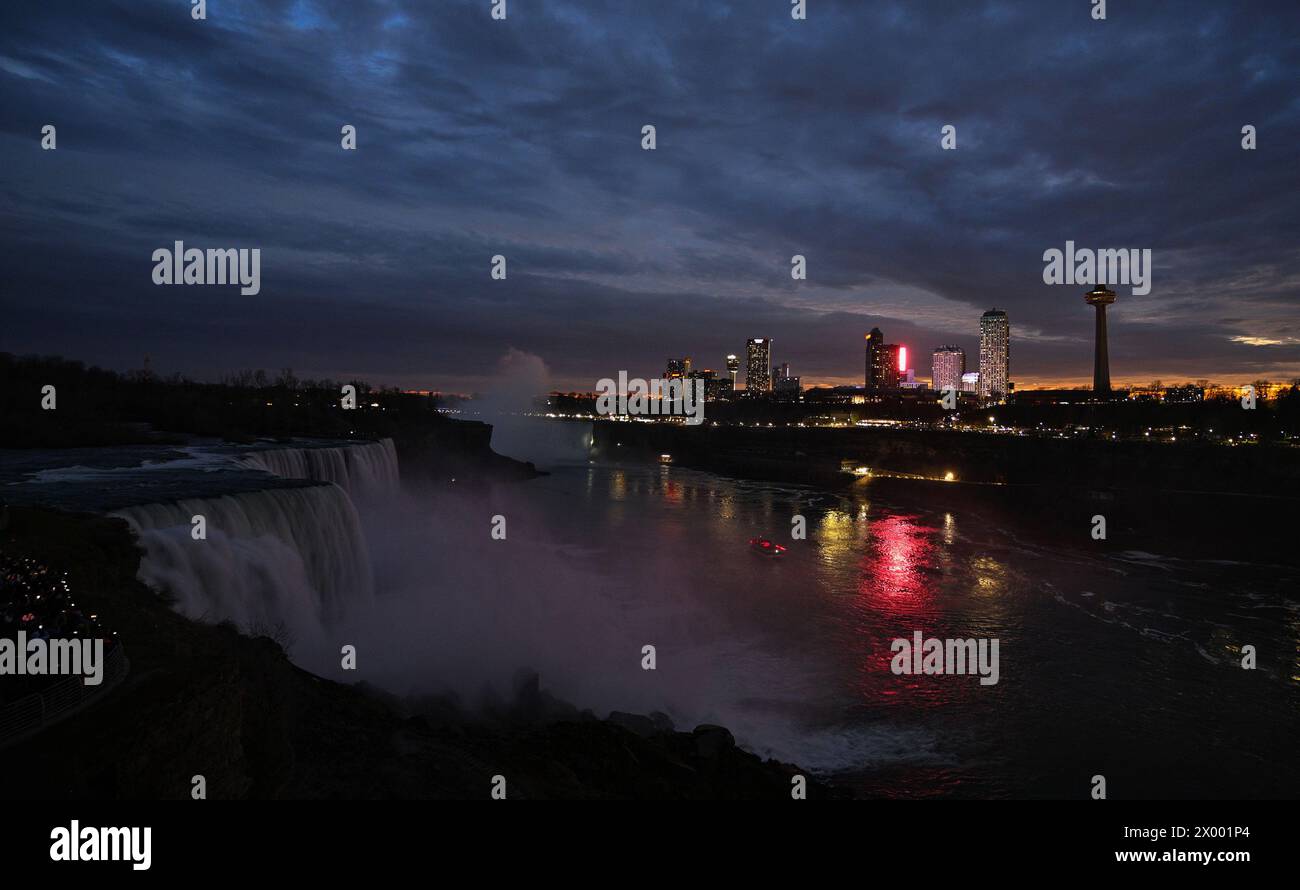 The total solar eclipse darkens the skies over over the Niagara Falls State Park, New York on Monday, April 8, 2024. Photo by Joe Marino/UPI Credit: UPI/Alamy Live News Stock Photo