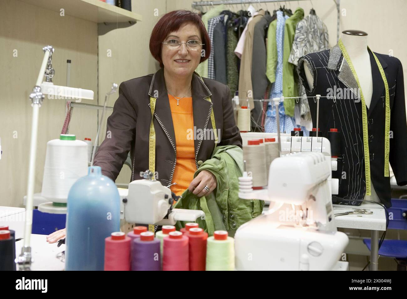 Dressmaking workshop, clothes arrangements. Retail. Elgoibar, Gipuzkoa, Euskadi. Spain. Stock Photo