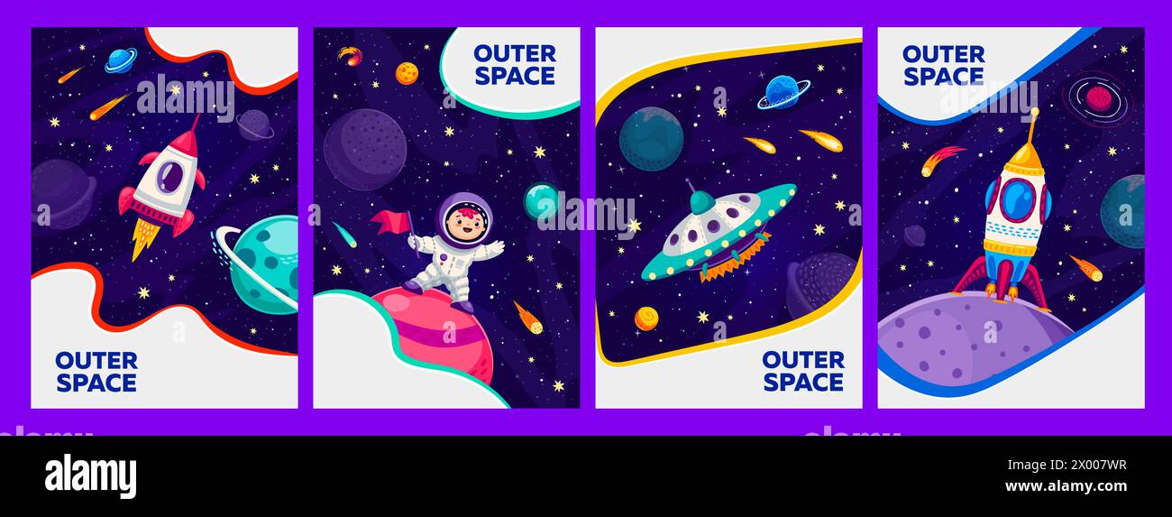Cartoon galaxy space template banners and posters with kid astronaut ...