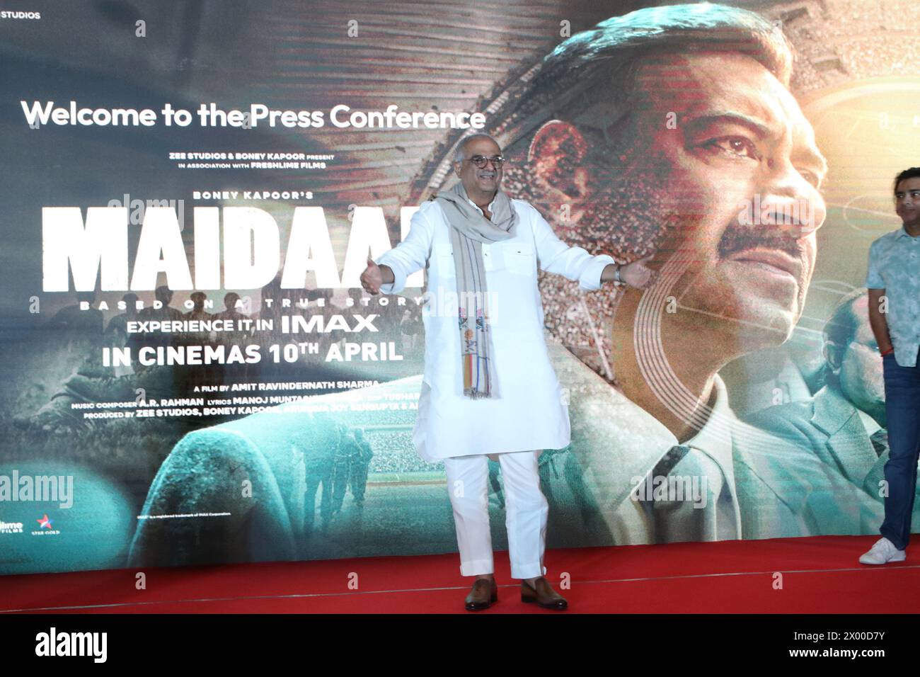 April 7, 2024, Kolkata, West Bengal, India: Producers Boney Kapoor and Arunava Joy Sengupta, Director Amit Sharma, and actor Rudranil Ghosh at the meet the press during the upcoming new Bollywood movie ''Maidan'' in Kolkata. (Credit Image: © Dipa Chakraborty/Pacific Press via ZUMA Press Wire) EDITORIAL USAGE ONLY! Not for Commercial USAGE! Stock Photo
