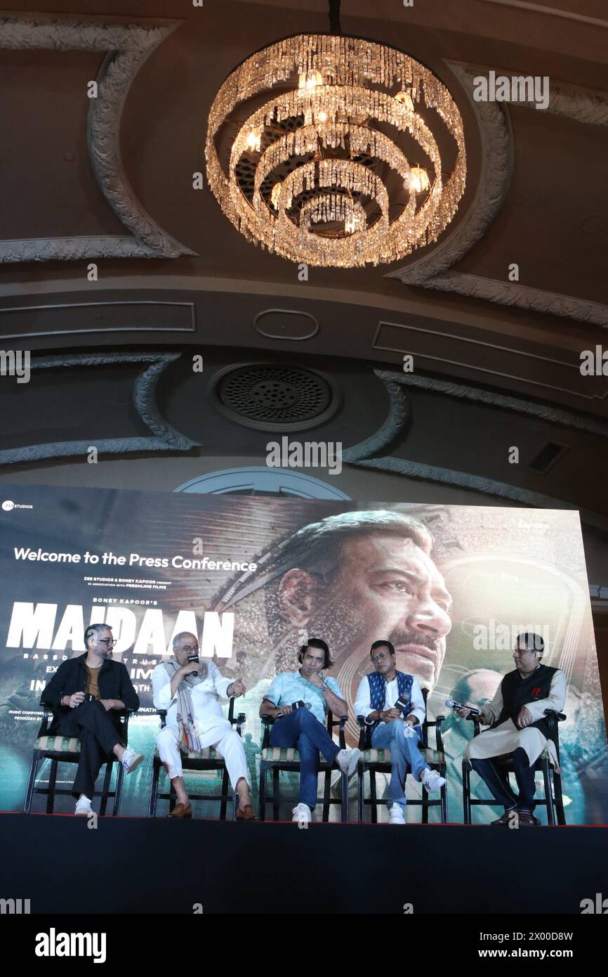 April 7, 2024, Kolkata, West Bengal, India: Producers Boney Kapoor and Arunava Joy Sengupta, Director Amit Sharma, and actor Rudranil Ghosh at the meet the press during the upcoming new Bollywood movie ''Maidan'' in Kolkata. (Credit Image: © Dipa Chakraborty/Pacific Press via ZUMA Press Wire) EDITORIAL USAGE ONLY! Not for Commercial USAGE! Stock Photo