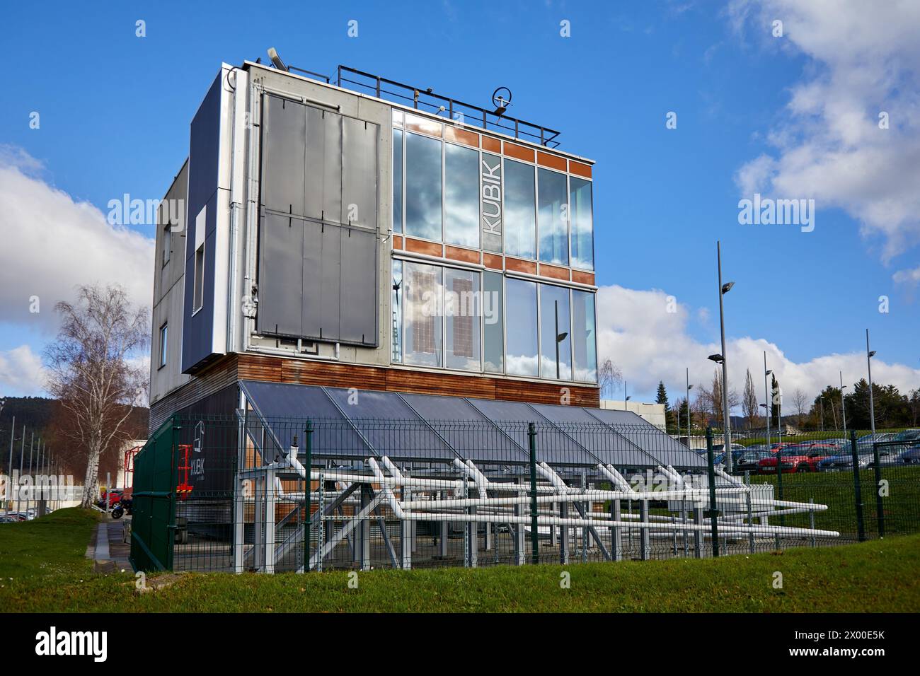 Solar panels, Kubik, Experimental laboratory R & D + i for the development of new concepts, products and services to improve energy efficiency in buildings, Intelligent management of HVAC and lighting systems and renewable energy supply, Equipped with system monitoring and control that provides the information necessary for the development of the R + D + i , Research on building materials, Tecnalia Research & Innovation, Zamudio, Bizkaia, Basque Country, Spain. Stock Photo