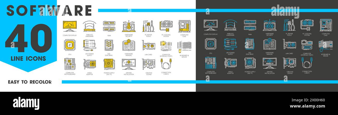 Software and hardware line icons of computer PC and laptop components ...