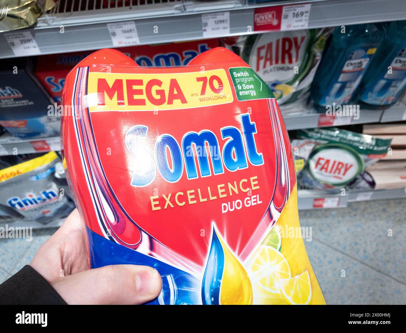 Picture of a box with the logo of Somat for sale in a belgrade supermarket. Somat is a brand specializing in automatic dishwashing products, deliverin Stock Photo