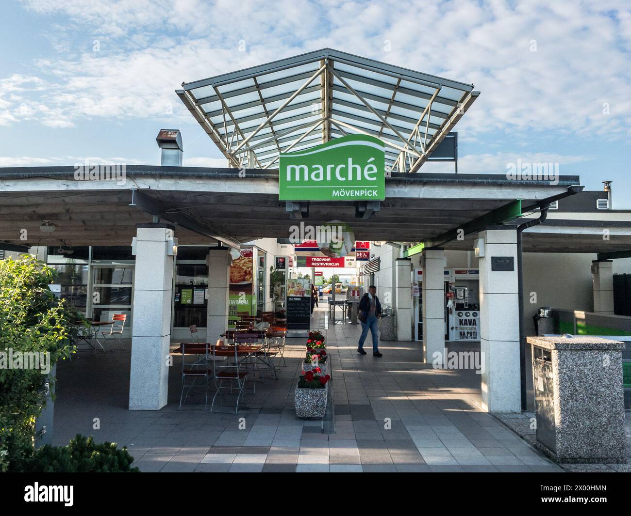 Picture of a sign with the logo of Marche Movenpick on their rest area of Obrezje. Marché Mövenpick is a Swiss-based restaurant chain known for its ma Stock Photo