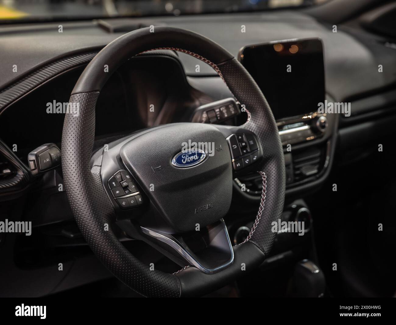 Picture of a steering wheel with the logo of Ford in belgrade, serbia. Ford Motor Company is an American multinational automobile manufacturer headqua Stock Photo