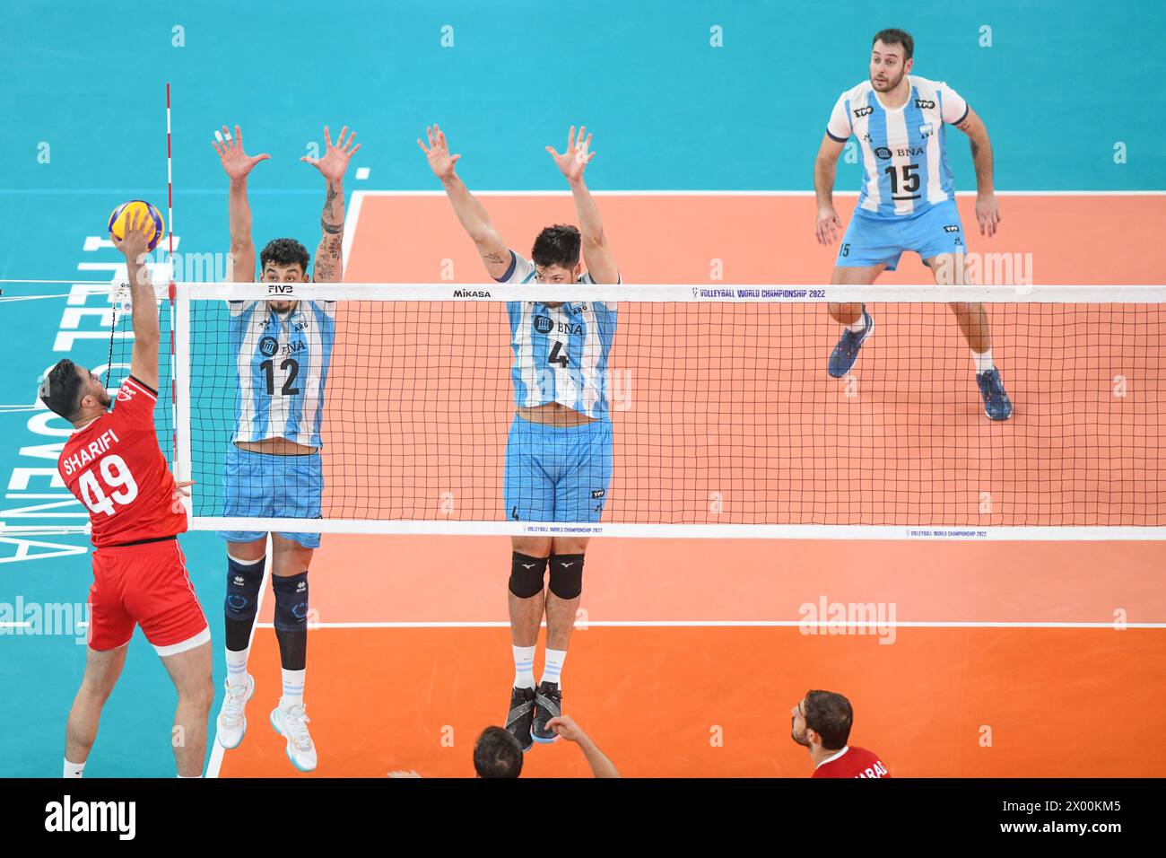 Bruno Lima, Joaquin Gallego (Argentina), Morteza Sharifi (Iran). Volleyball World Championship 2022. Stock Photo