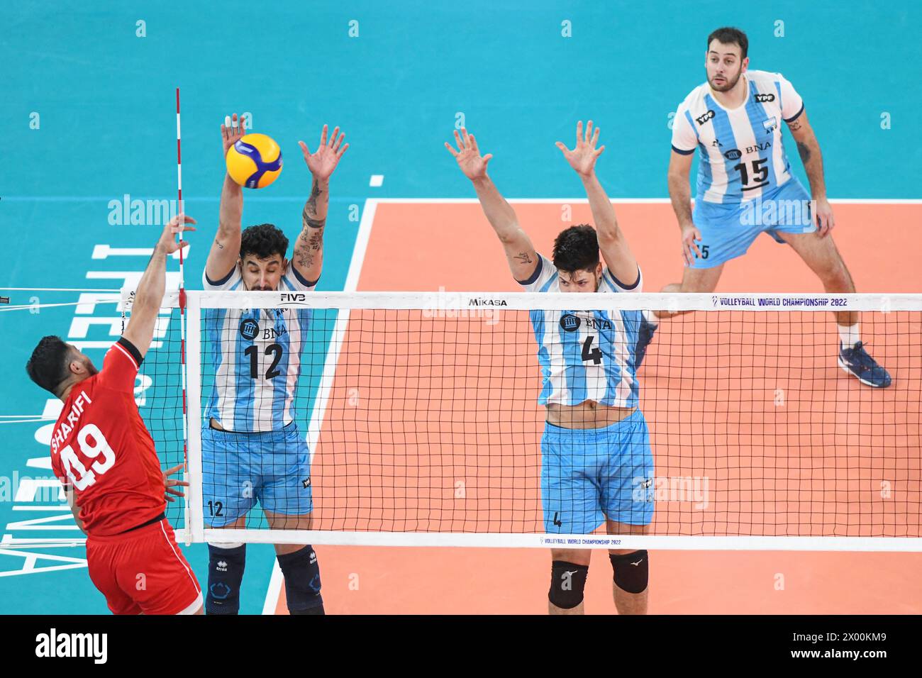 Bruno Lima, Joaquin Gallego (Argentina), Morteza Sharifi (Iran). Volleyball World Championship 2022. Stock Photo