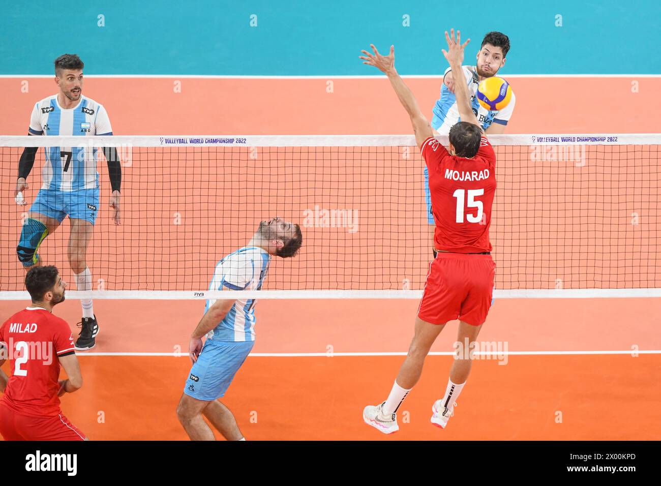 Joaquin Gallego, Luciano De Cecco (Argentina), Aliasghar Mojarad (Iran). Volleyball World Championship 2022. Stock Photo