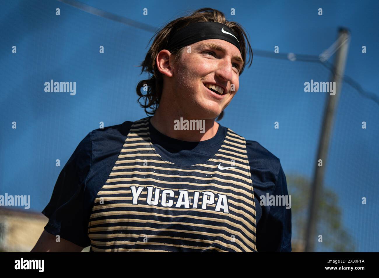 Benjamin Lingenfelter of Yucaipa reacts after a throw in the invitational discus throw during the 56th Arcadia Invitational high school track meet, Sa Stock Photo