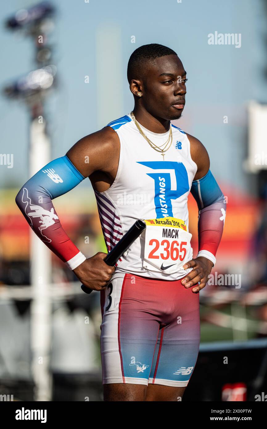 Kobe mack of Parkland prepares for the invitational 4x100 meter relay during the 56th Arcadia Invitational high school track meet, Saturday, April 6, Stock Photo