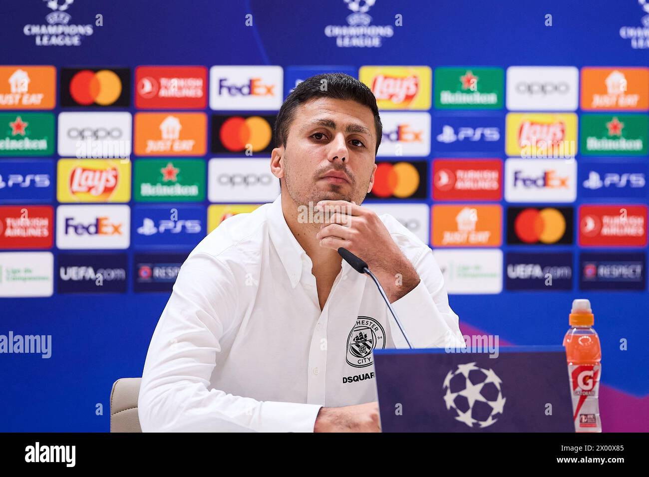 Madrid, Spain. 08th Apr, 2024. Rodrigo Hernandez Cascante, known as Rodri of Manchester City, attends a press conference on the eve of the UEFA Champions League 2023/2024 quarter-finals first leg football match between Real Madrid CF and Manchester City at Santiago Bernabeu stadium. Credit: SOPA Images Limited/Alamy Live News Stock Photo