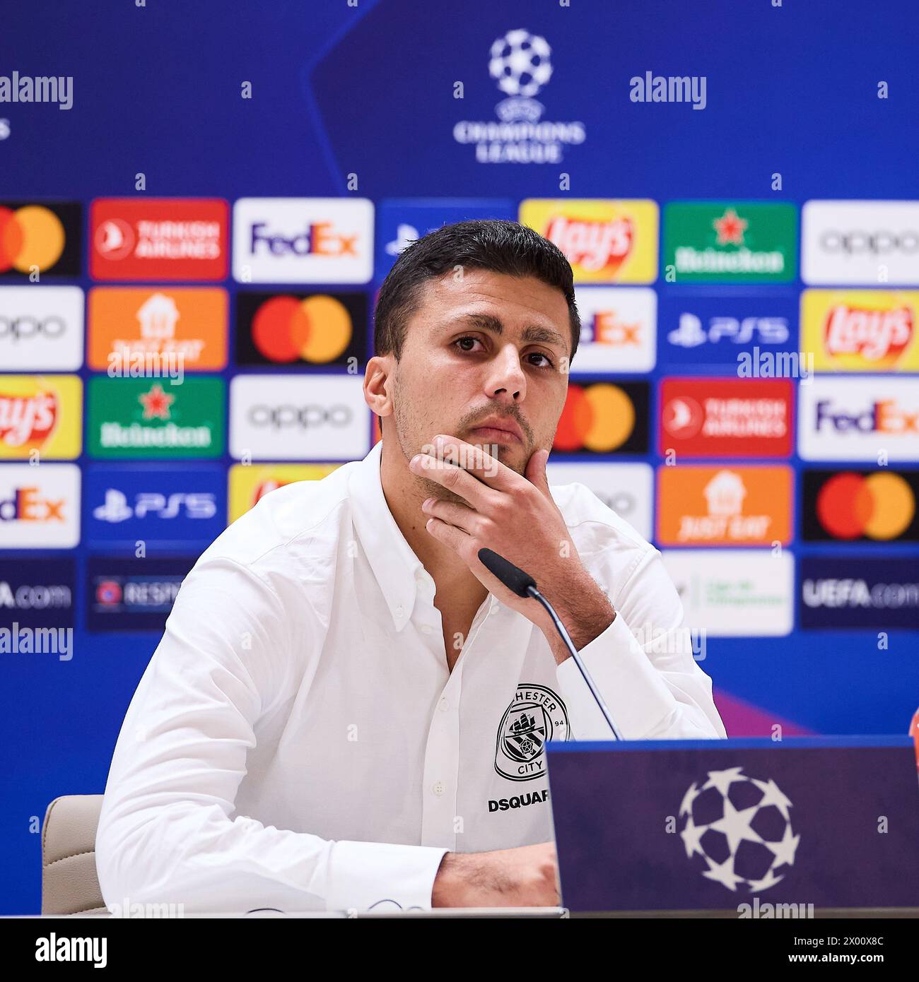 Madrid, Spain. 08th Apr, 2024. Rodrigo Hernandez Cascante, known as Rodri of Manchester City, attends a press conference on the eve of the UEFA Champions League 2023/2024 quarter-finals first leg football match between Real Madrid CF and Manchester City at Santiago Bernabeu stadium. Credit: SOPA Images Limited/Alamy Live News Stock Photo