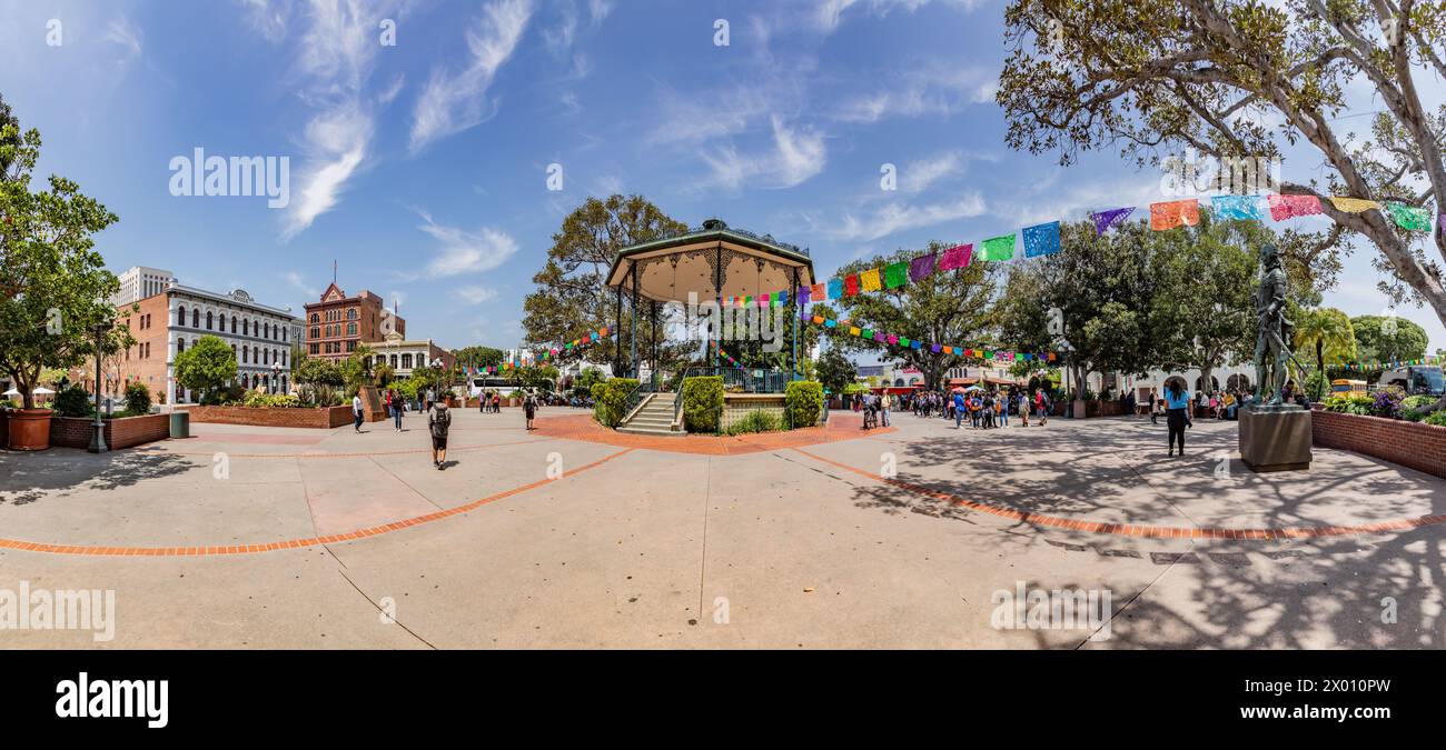 Los Angeles, USA - May 3, 2019: mexican quarter in Los Angeles with historic pavillon near the olvera street, mexican people have festivals at the el Stock Photo