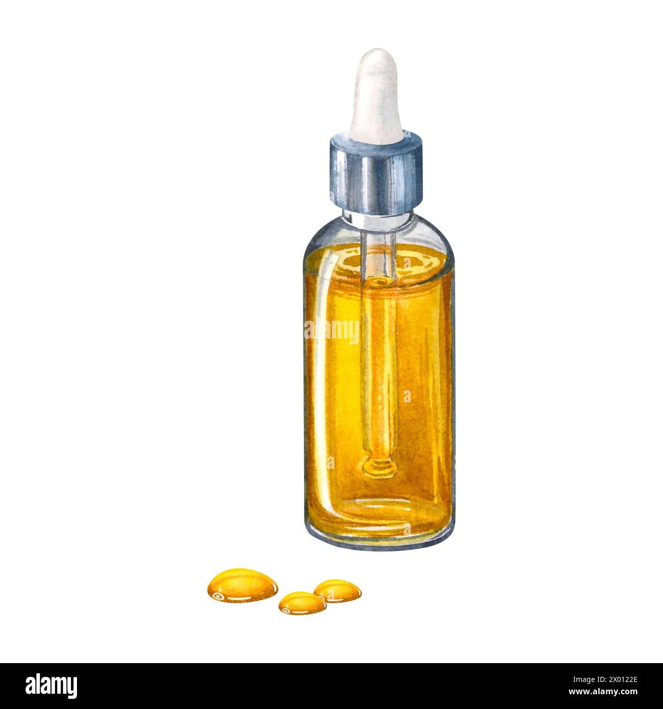 Transparent glass dropper bottle with golden liquid inside and drops of