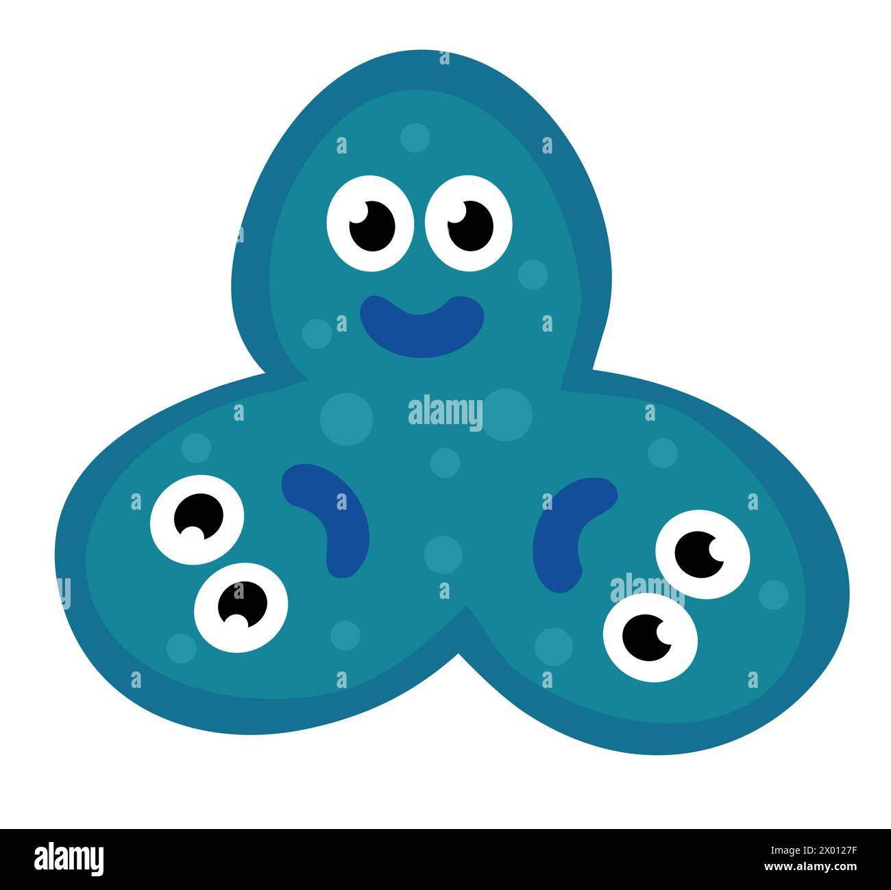 Cute cartoon blue character bacteria, microbe, germ. Microbiology organism. Mascot expressing emotion. Vector children illustration in flat design. Stock Vector