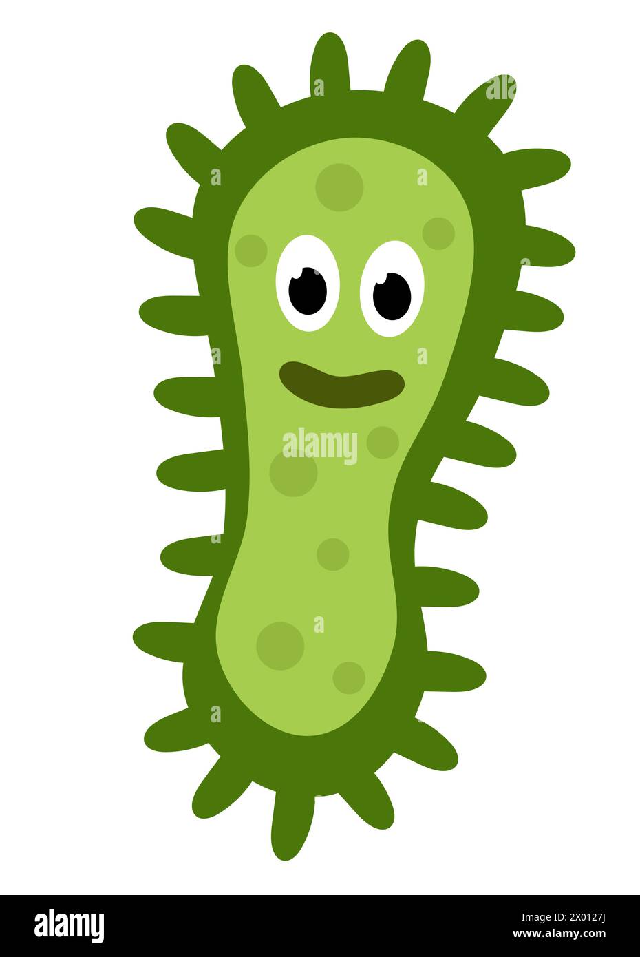 Cute cartoon green character bacteria, microbe, germ. Microbiology organism. Mascot expressing emotion. Vector children illustration in flat design. Stock Vector