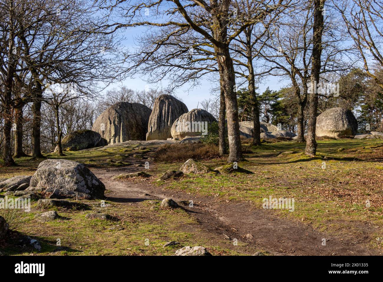 Les  Pierres Jaumâtres, Creuse, France on a blue sky sunny day. Stock Photo