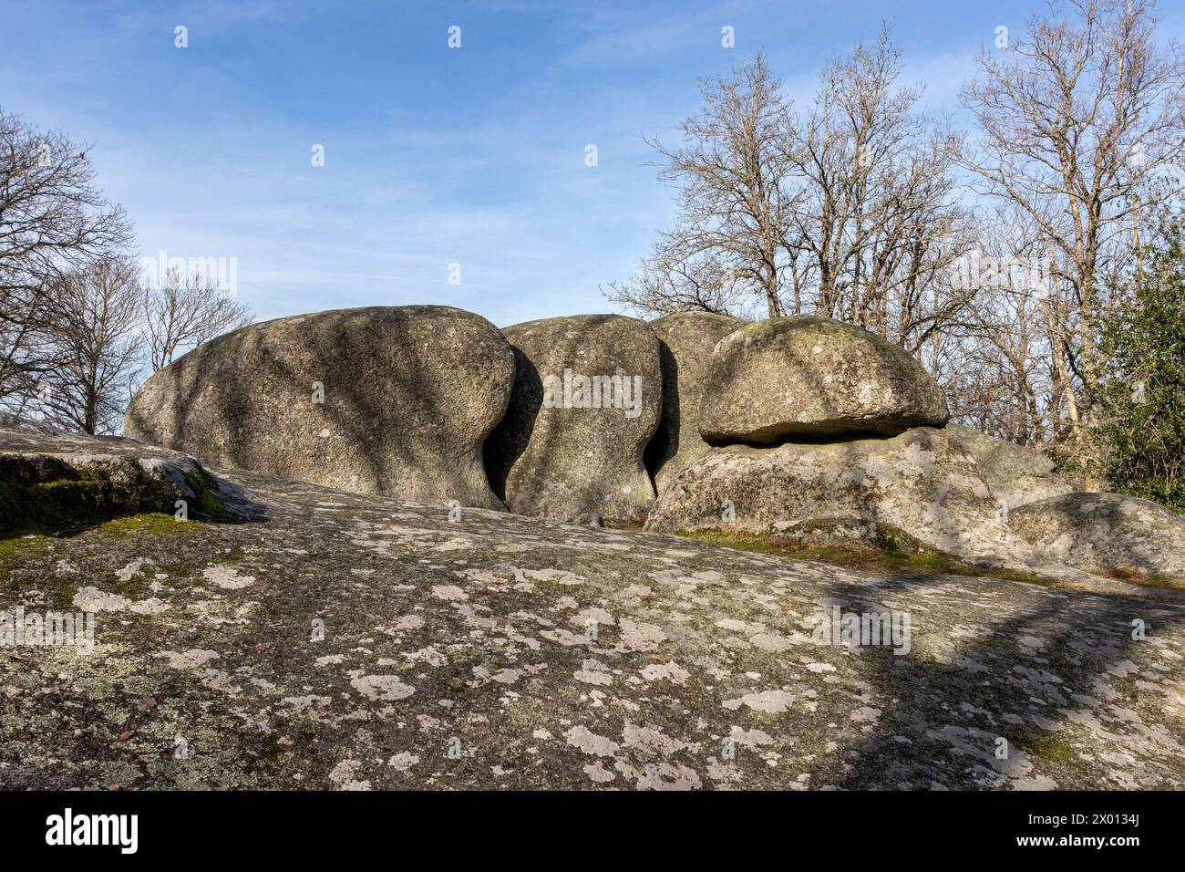 Les  Pierres Jaumâtres, Creuse, France on a blue sky sunny day. Stock Photo