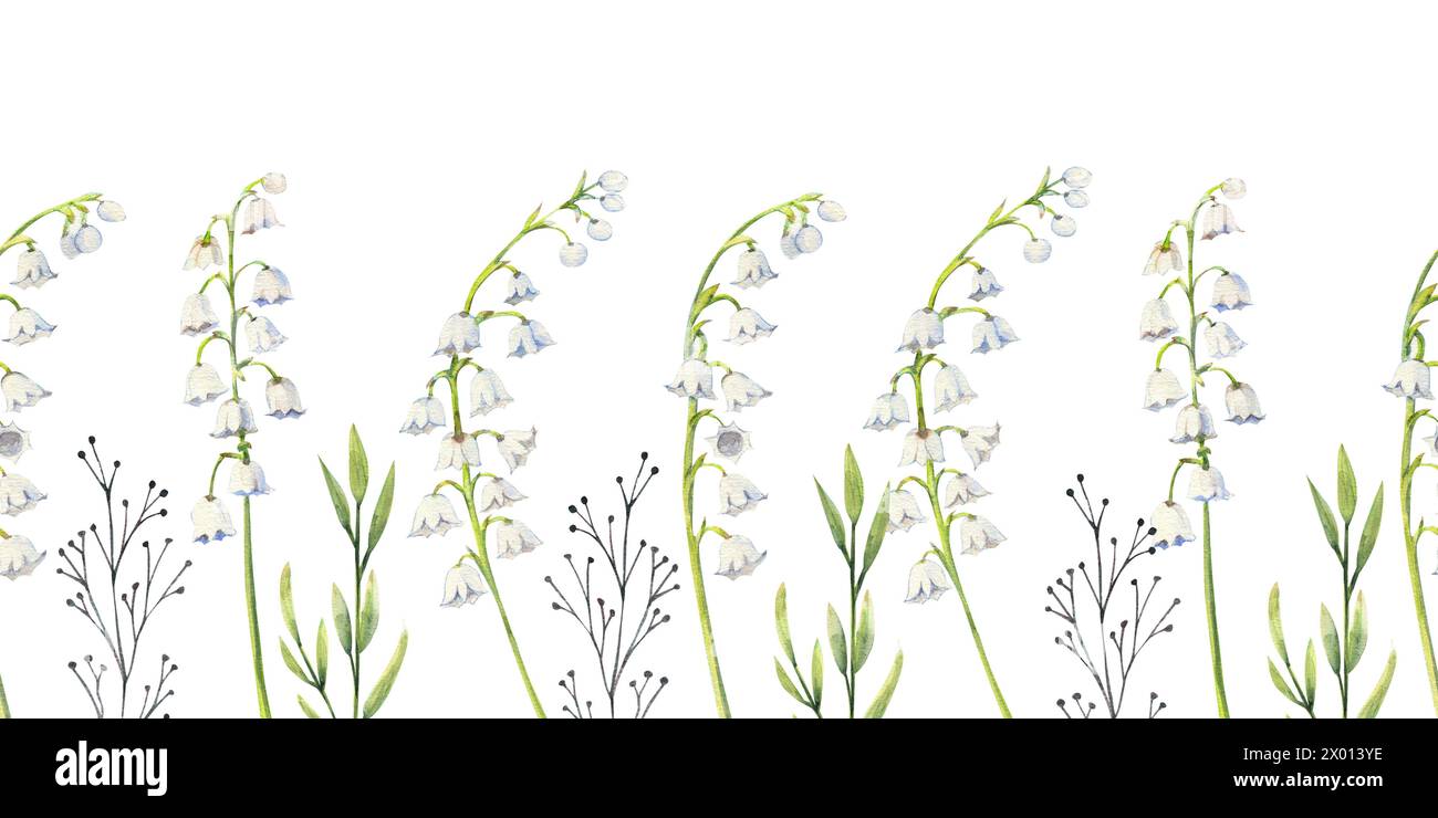 Seamless border with spring lily of the valley flowers. Watercolor ...
