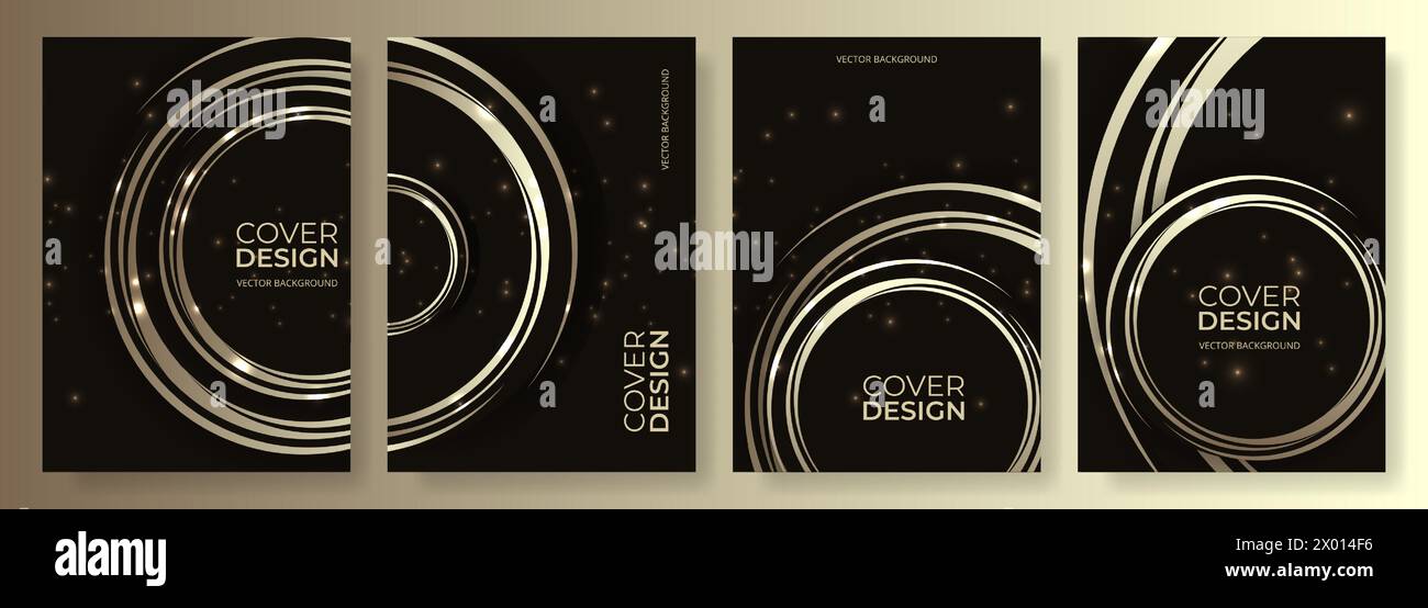Black and gold abstract vertical background cover set with lights, golden circles and circular lines. Geometric modern posters collection. Luxury Stock Vector