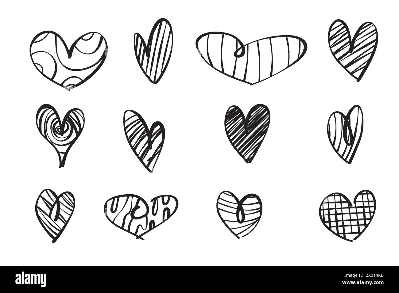 A set of twelve hand-drawn hearts. Hand drawn rough heart marker ...