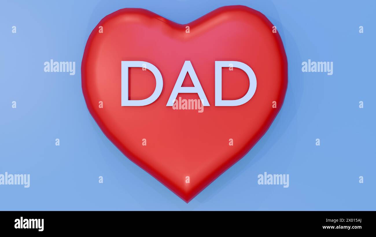 3D rendering of red heart and DAD letters in the blue background Stock Photo