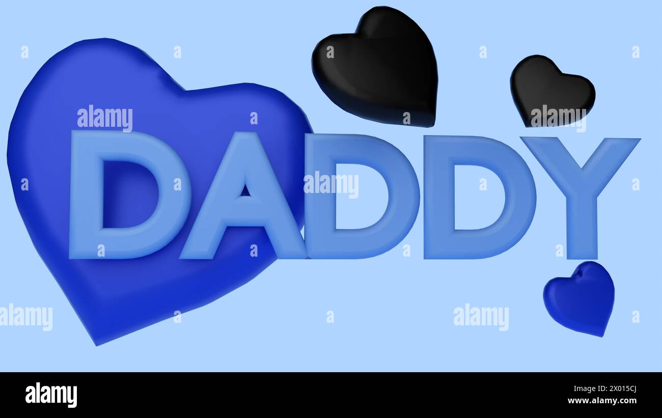 3D rendering of blue and black heart and DAD letters in the blue background Stock Photo