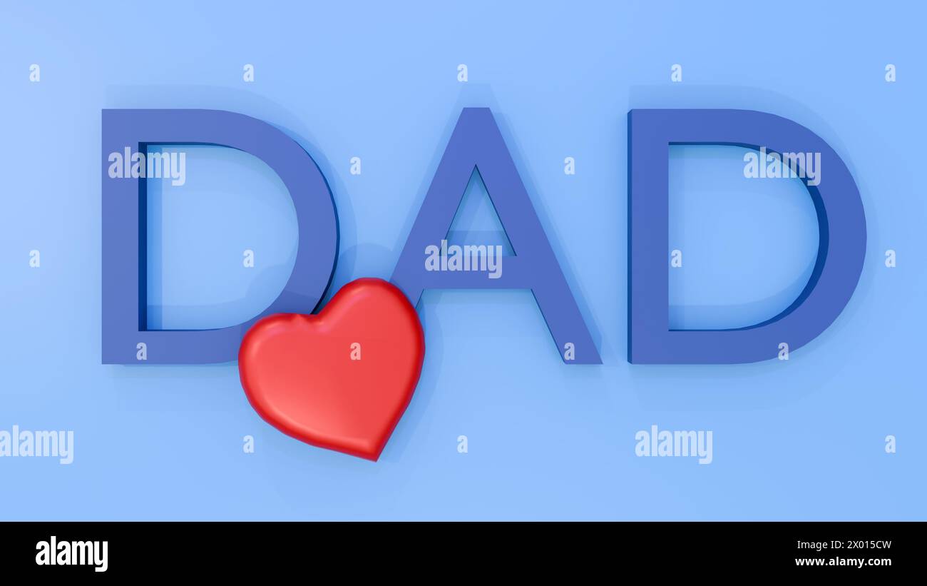 3D rendering of red heart and DAD letters in the blue background Stock Photo