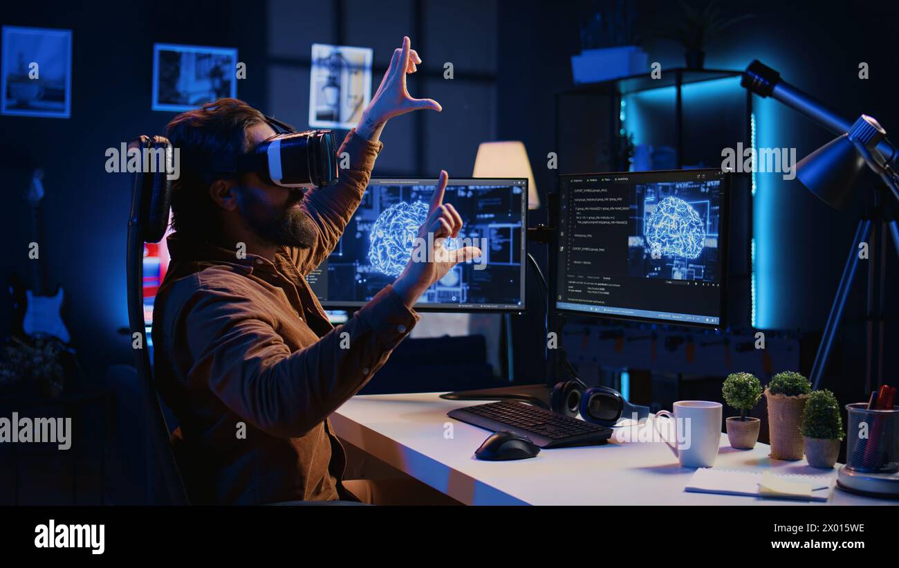 Computer scientist wearing VR glasses panicking after AI gains ...