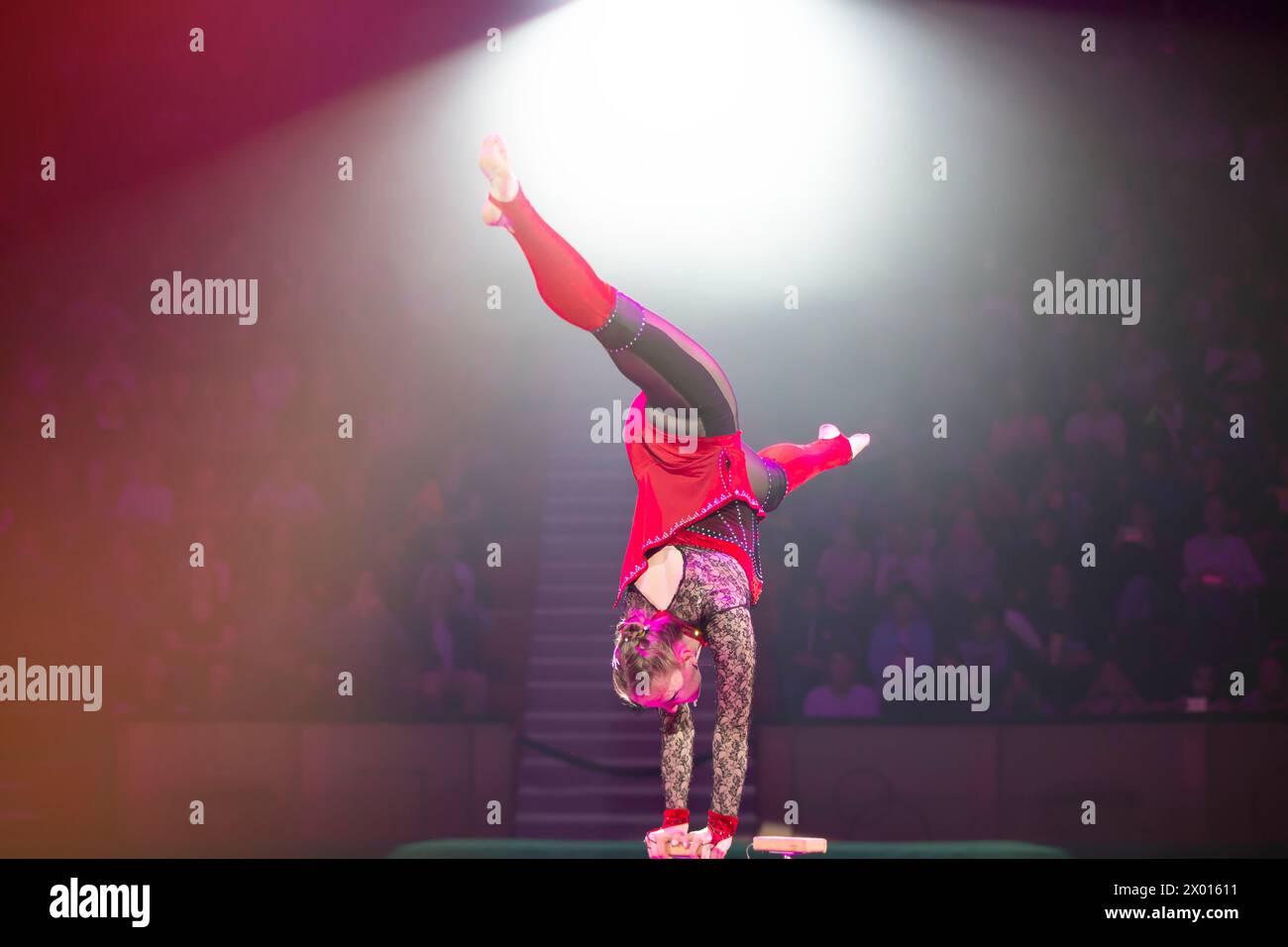 A gymnast performs in a show. A girl gymnast performs a circus ...