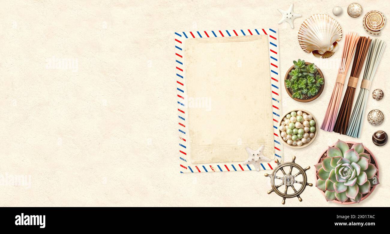 Travel background with retro postcard, ceramic bead, starfish, succulent, flavour sticks, shell. Ecology, environmental conservation and zero waste co Stock Photo