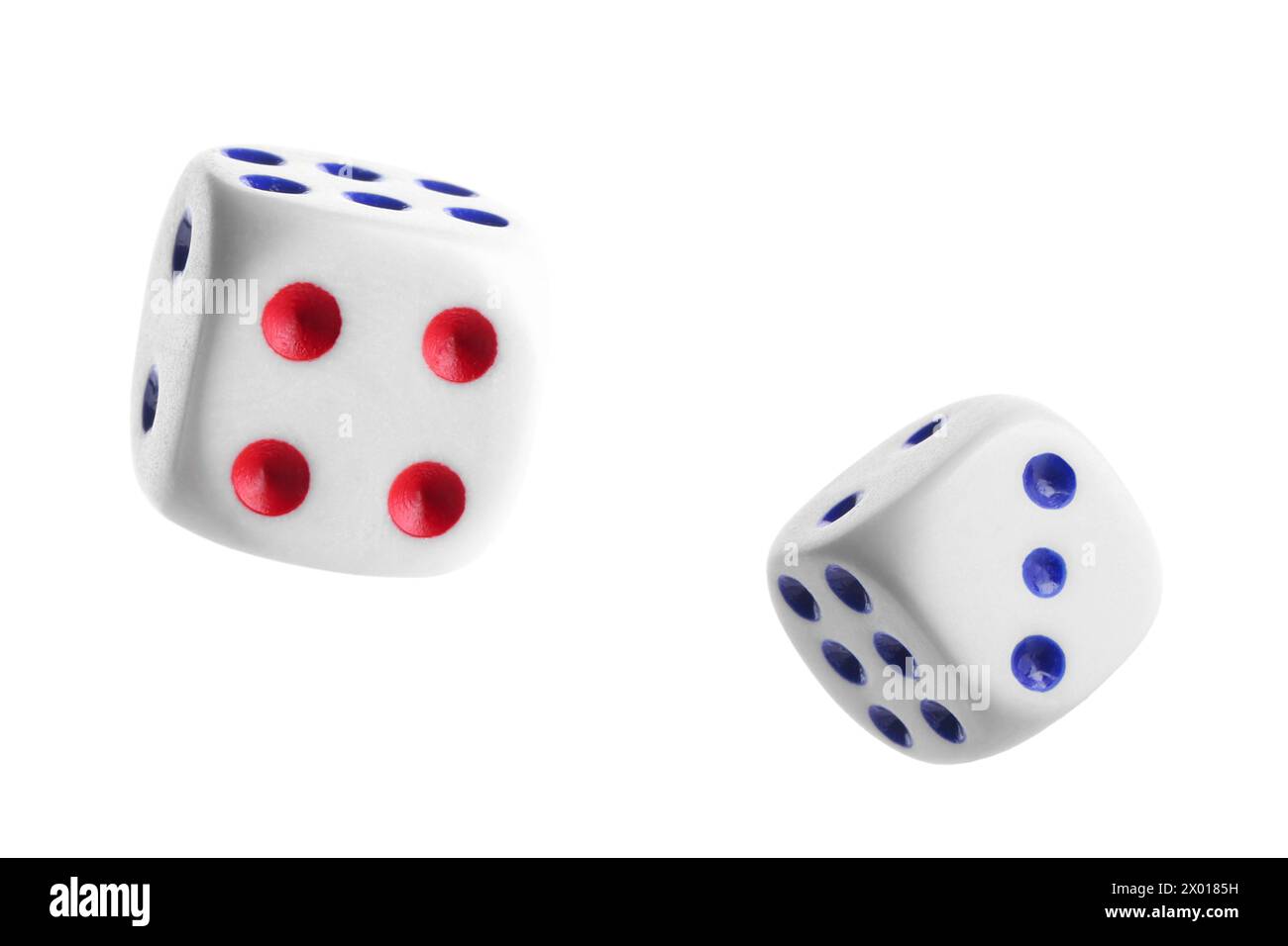Two dice in air on white background Stock Photo