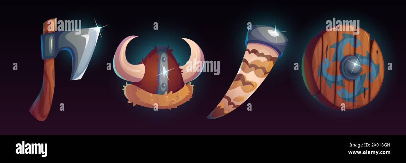 Viking tools and weapon game ui icons. Cartoon vector illustration set ...