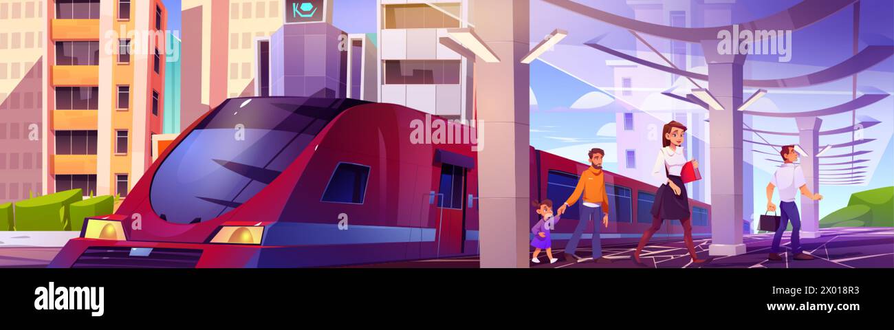 People on city train station. Vector cartoon illustration of men, woman and boy walking on metro platform, urban buildings on background, busy passeng Stock Vector