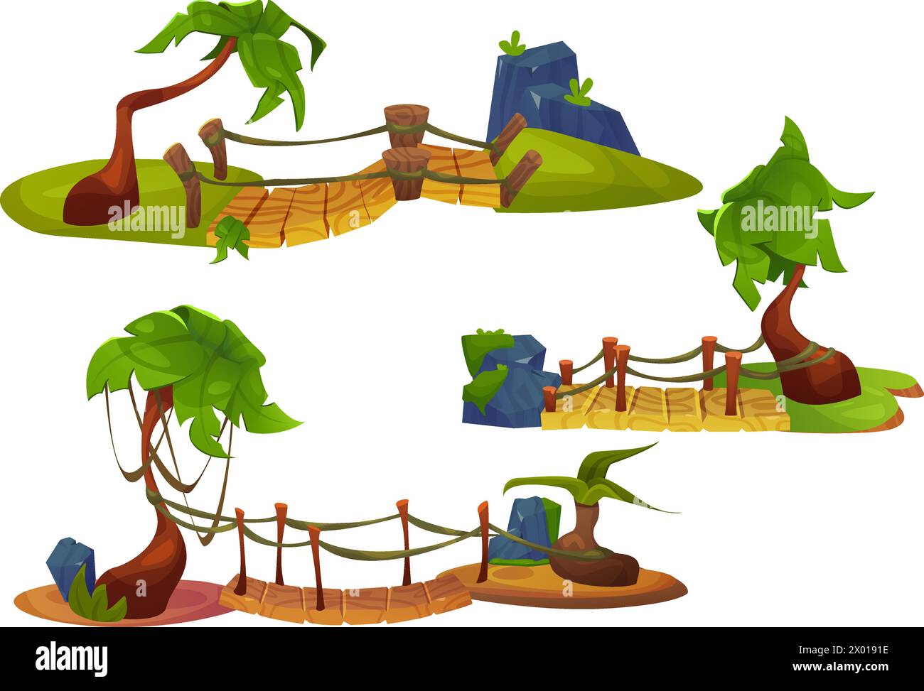 Rope bridges set isolated on white background. Vector cartoon