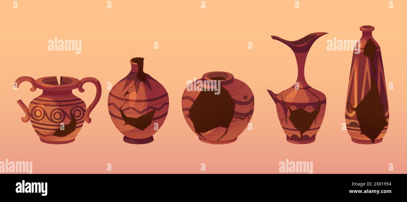 Broken and cracked ancient pottery products decorated with traditional greek patterns. Cartoon vector illustration set of museum artifact of crashed a Stock Vector
