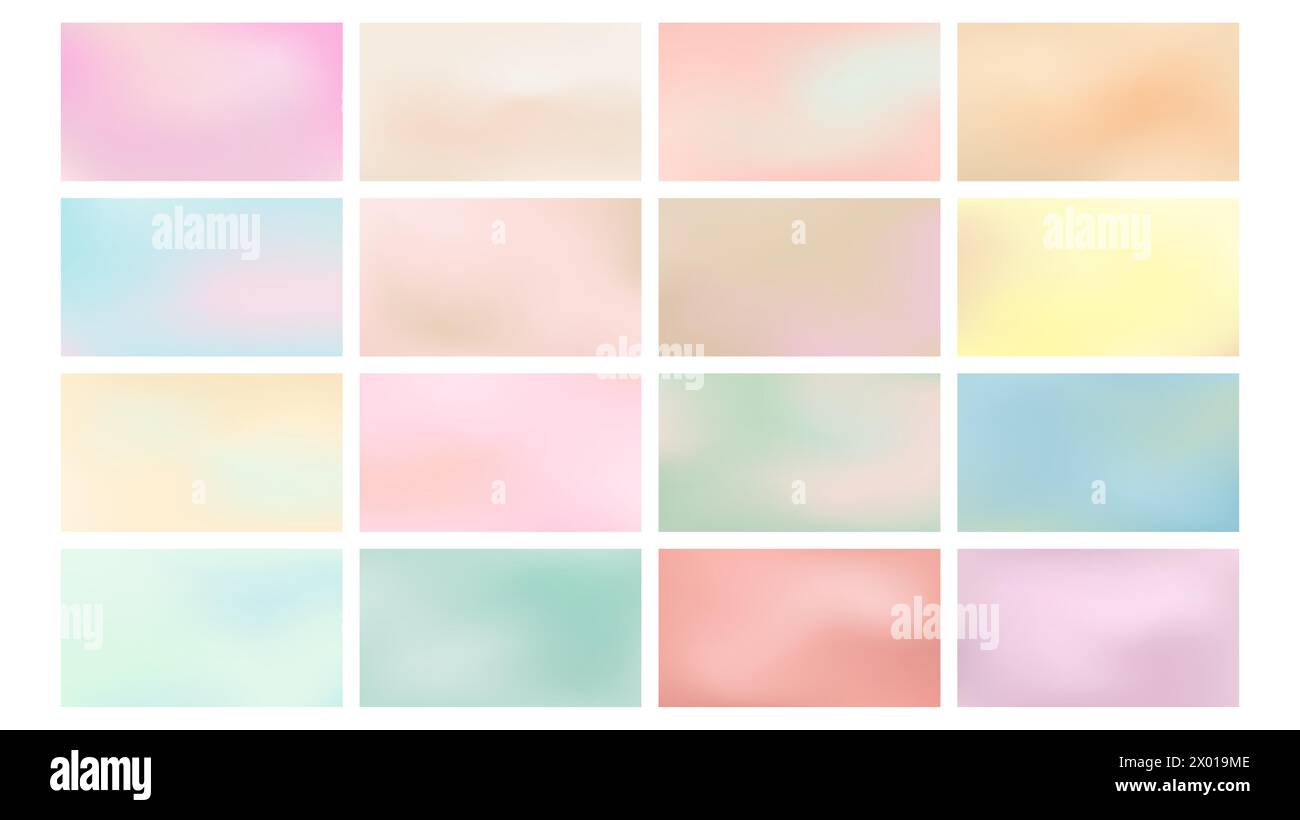 Abstract gradient banner set. Blurred light fresh color background. Pastel pink, blue, mint, yellow, beige smooth spots. Neutral Liquid stain copy spa Stock Vector